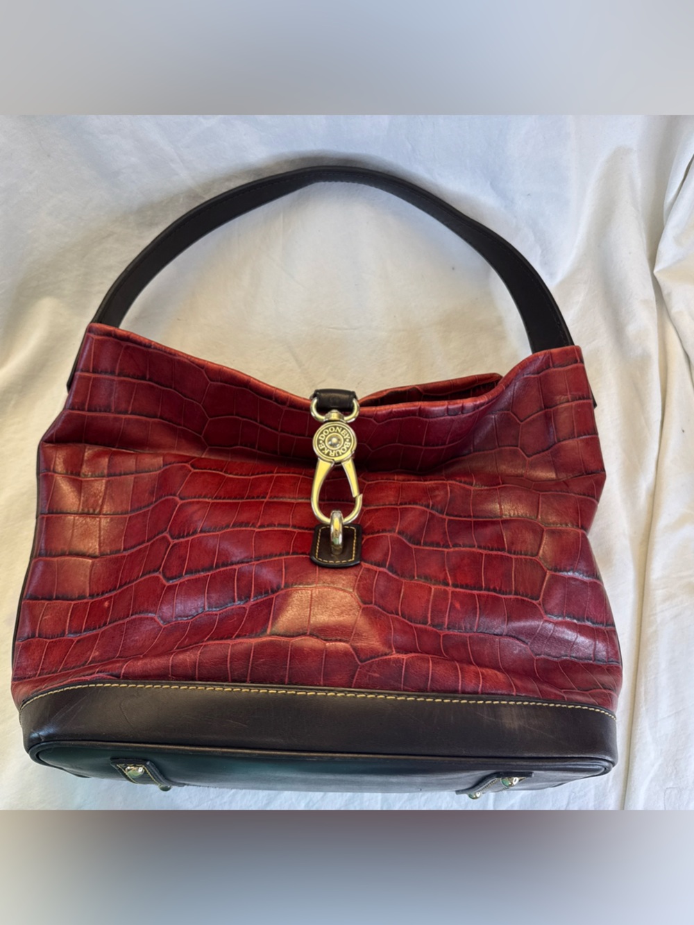 Dooney & Bourke Red Croc Embossed Leather Reversible Logo Lock Hobo Purse